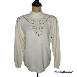 Vintage 90's Ivory Sequin Beaded Mockneck Sweater Medium